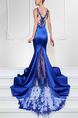 Blue Slim Fishtail Over-Hip V Neck Linking Lace See-Through Open Back Maxi Dress for Party Evening Cocktail Prom