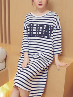 Black and White Plus Size Loose Round Neck Asymmetrical Hem Stripe Printed Letter Dress for Casual Sporty