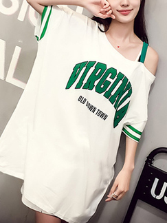 White and Green Plus Size Loose Letter Inclined-Shoulder Above Knee Shift Dress for Casual Sporty