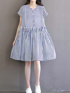 Blue and White Plus Size Loose A-Line Round Neck Stripe Band Chiffon Single-breasted Above Knee Shift Dress for Casual Sporty