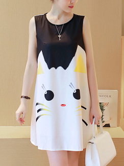 Black  White and Colorful Plus Size A-Line Loose Round Neck Contrast Cartoon Pattern Above Knee Shift Dress for Casual Party