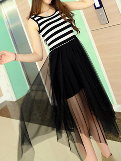 Black and White  Linking Mesh Stripe Round Neck Asymmetrical Hem Dress for Casual Party