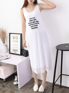 White and Black Round Neck Mesh Printed Letter Seem-Two Shift Dress for Casual