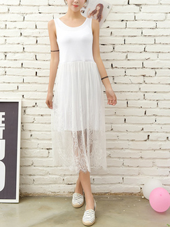 White Round Neck Lace Tassels Linking Midi Dress for Casual Party