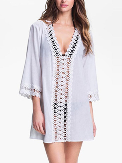 White Plus Size V Neck Lace Linking Cutout Beach Above Knee Dress for Casual Beach