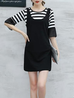Black and White Round Neck Stripe Linking Contrast Flare Sleeve Plus Size Two Piece Above Knee Dress for Casual Party Office
