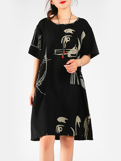 Black and Grey Round Neck A-Line Loose Printed Shift Above Knee Dress for Casual