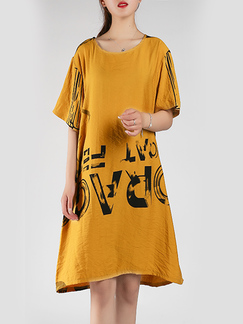 Yellow and Black Round Neck A-Line Loose Printed Shift Above Knee Dress for Casual