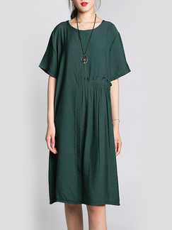 Dark Green Round Neck Plus Size Loose Pleat Linking Knee Length Shift Dress for Casual