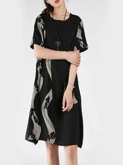 Black and White Round Neck A-Line Plus Size Loose Linking Printed Pocket Shift Knee Length Dress for Casual