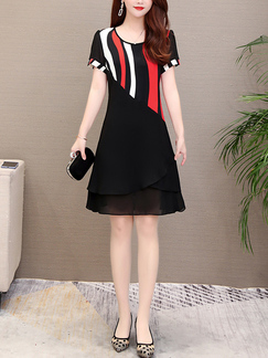 Black Red and White Round Neck Plus Size Slim Linking Stripe Two-Layered Above Knee Dress for Casual Party Office