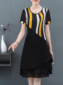 Black Yellow and White Round Neck Plus Size Slim Linking Stripe Two-Layered Knee Length Dress for Casual Party Office