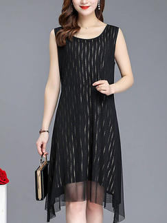 Black and Golden Round Neck Plus Size Slim Stripe Staming Mesh Midi Dress for Casual Party
