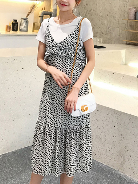 White and Black T Shirt Sling Linking Wave point Midi Two Piece Dress for Casual Party