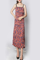 Pink and Colorful Plus Size Sling Printed Pleated Midi Dress for Casual Beach