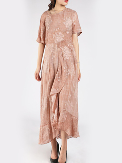 Pink Round Neck Linking Ruffled Embroidery Asymmetrical Hem Midi Dress for Casual