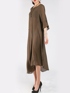 Coffee Round Neck Plus Size Linking Asymmetrical Hem Flare Sleeve Midi Dress for Casual
