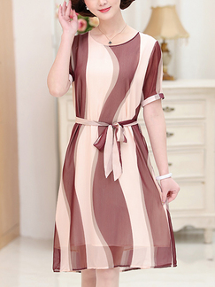 Apricot and Purple Round Neck Plus Size Chiffon Contrast Printed Band Knee Length Dress for Casual Office Party