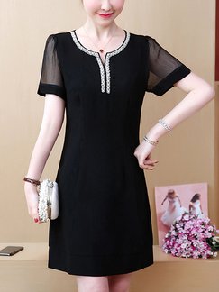 Black Round Neck Plus Size Slim Placket Front Mesh Linking Bead Sheath Above Knee Dress for Casual Party Evening Office