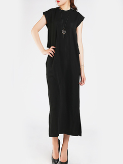 Black Round Neck Tight Linking Furcal Ruffled Midi Dress for Casual Party Office Evening