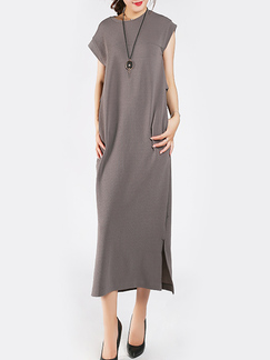 Grey Round Neck Tight Linking Furcal Ruffled Midi Dress for Casual Party Evening Office