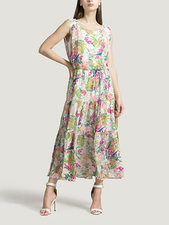 White and Colorful Round Neck Chiffon Lace Linking Zipped Printed Midi Floral Dress for Casual Beach