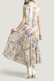 White and Colorful Round Neck Chiffon Lace Linking Zipped Printed Midi Floral Dress for Casual Beach