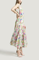 White and Colorful Round Neck Chiffon Lace Linking Zipped Printed Midi Floral Dress for Casual Beach