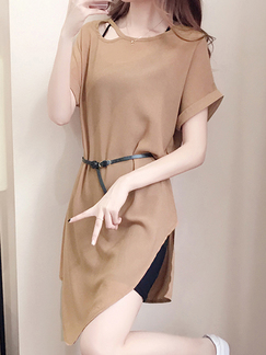 Light Tan Cutout Neck Plus Size Loose Slim Asymmetrical Hem Chiffon Two-Piece Above Knee Dress for Casual Party Office