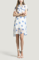 White and Blue Loose Chiffon Wave point Printed Butterfly Knot Above Knee Two-Piece Dress for Casual Party