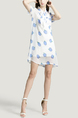 White and Blue Loose Chiffon Wave point Printed Butterfly Knot Above Knee Two-Piece Dress for Casual Party