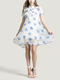 White and Blue Loose Chiffon Wave point Printed Butterfly Knot Above Knee Two-Piece Dress for Casual Party
