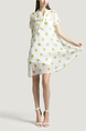 White and Yellow Loose Chiffon Wave point Printed Butterfly Knot Above Knee Two-Piece Dress for Casual Party