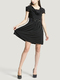Black Cowl Neck Slim Lace Linking Bead Pleat Above Knee Fit & Flare Dress for Casual Party Evening
