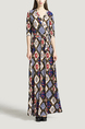 Colorful V Neck Placket Front Slim Grid Printed Knitted Band Belt Maxi  Dress for Casual Evening