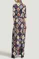 Colorful V Neck Placket Front Slim Grid Printed Knitted Band Belt Maxi  Dress for Casual Evening