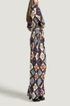 Colorful V Neck Placket Front Slim Grid Printed Knitted Band Belt Maxi  Dress for Casual Evening
