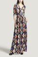 Colorful V Neck Placket Front Slim Grid Printed Knitted Band Belt Maxi  Dress for Casual Evening