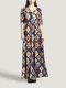 Colorful V Neck Placket Front Slim Grid Printed Knitted Band Belt Maxi  Dress for Casual Evening
