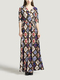 Colorful V Neck Placket Front Slim Grid Printed Knitted Band Belt Maxi  Dress for Casual Evening
