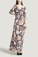 Apricot and Colorful Cowl Neck Loose Slim Band Belt Printed Maxi Dress for Casual Evening