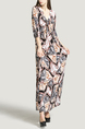 Apricot and Colorful Cowl Neck Loose Slim Band Belt Printed Maxi Dress for Casual Evening