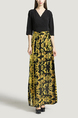 Black and Yellow Slim V Neck Placket Front Linking Contrast Printed Band Belt Furcal Maxi Dress for Party Evening Cocktail