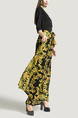 Black and Yellow Slim V Neck Placket Front Linking Contrast Printed Band Belt Furcal Maxi Dress for Party Evening Cocktail