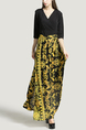 Black and Yellow Slim V Neck Placket Front Linking Contrast Printed Band Belt Furcal Maxi Dress for Party Evening Cocktail