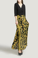 Black and Yellow Slim V Neck Placket Front Linking Contrast Printed Band Belt Furcal Maxi Dress for Party Evening Cocktail