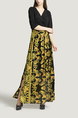 Black and Yellow Slim V Neck Placket Front Linking Contrast Printed Band Belt Furcal Maxi Dress for Party Evening Cocktail