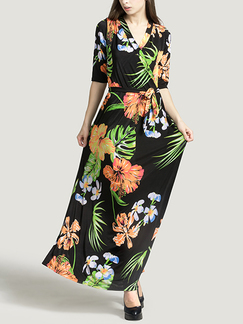 Black and Colorful V Neck Placket Front Slim Grid Printed Knitted Band Belt Maxi Floral Dress for Casual Party Beach