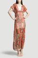 Red and Colorful V Neck Slim Chiffon Stripe Printed Adjustable Waist Two-Piece Dress for Casual Party Evening