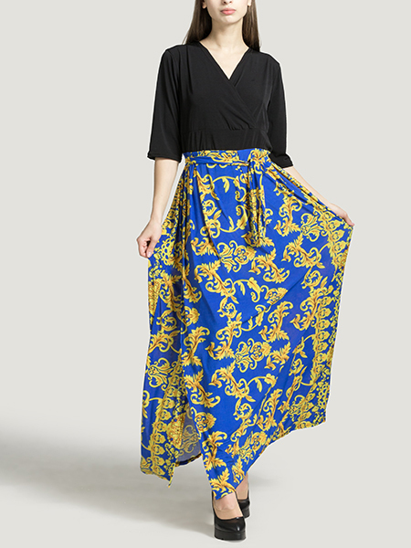 Black Blue and Yellow Slim V Neck Placket Front Linking Contrast Printed Band Belt Furcal Maxi Dress for Party Evening Cocktail